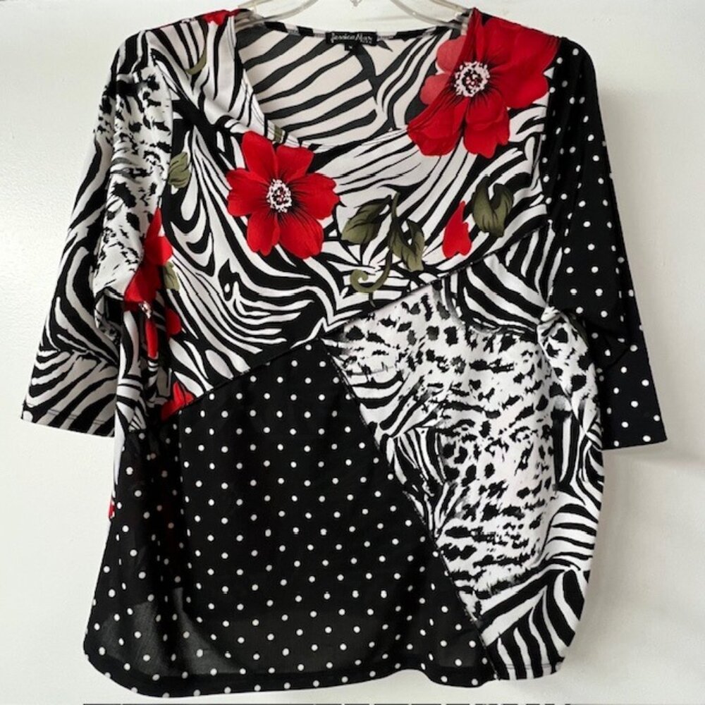 Jessica Max Womens Round Neck 3/4 Sleeve Multi-Pattern Blouse Size X